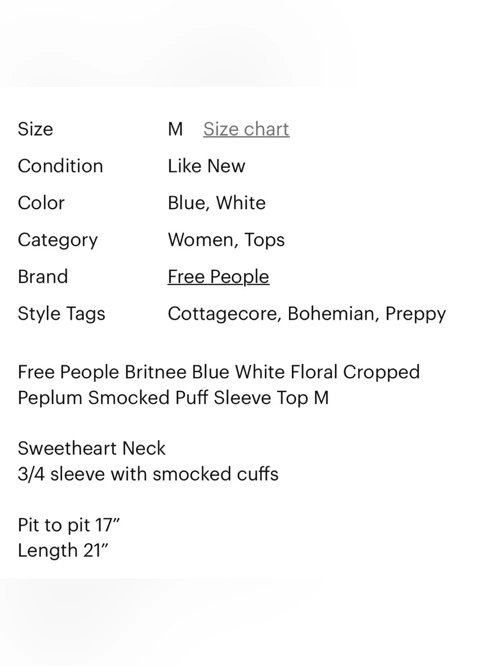 FREE PEOPLE BRITNEE PRINTED TOP crop puff sleeve floral M